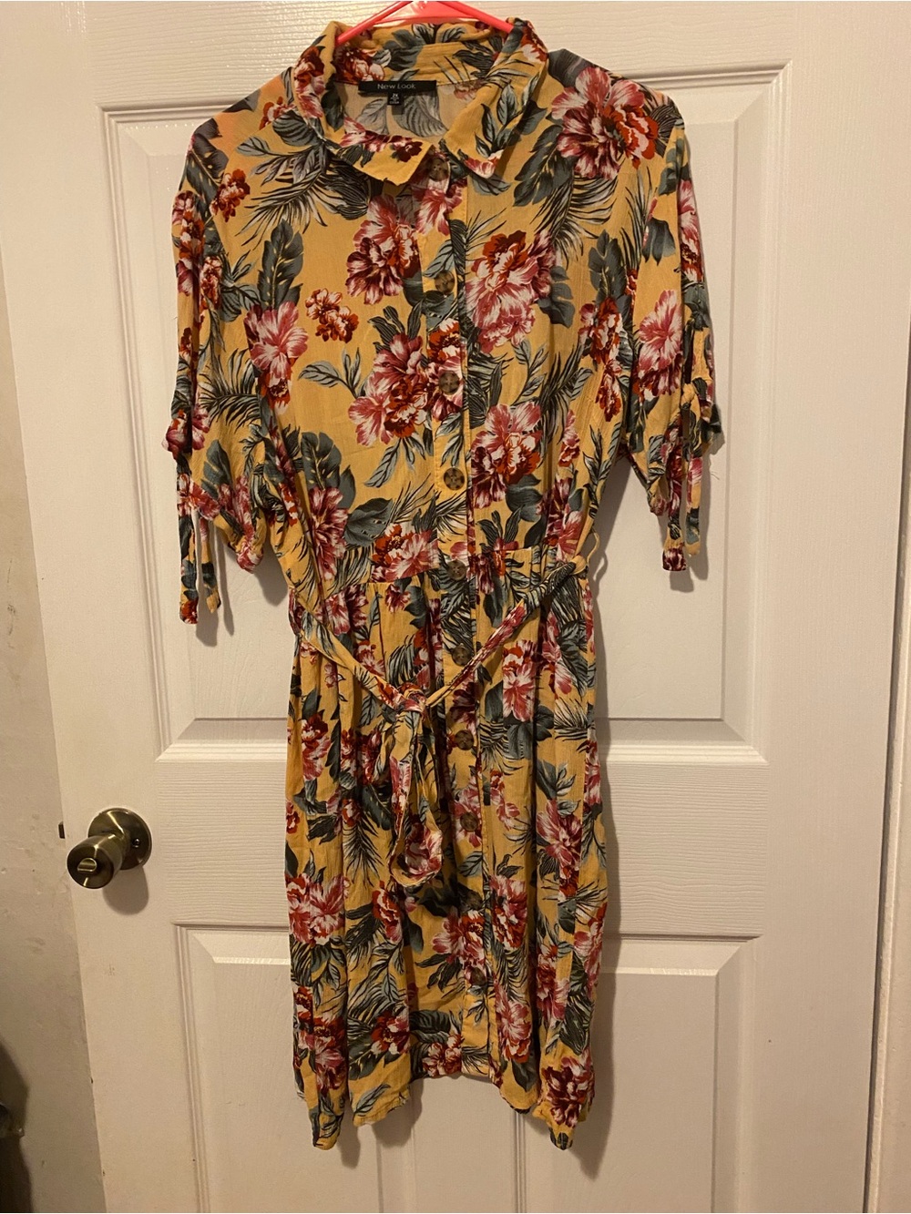 New Look Yellow Floral Tie-Waist Midi Shirt Dress
